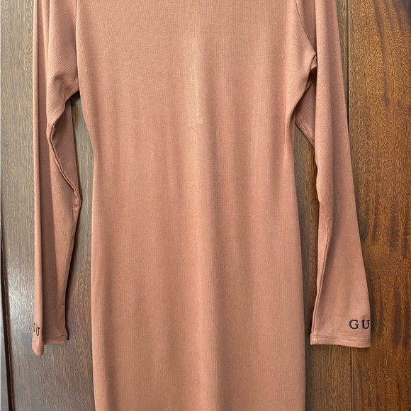 NWT Guess gold zip front midi dress in brown. Guess logo on sleeves. - Picture 2 of 7